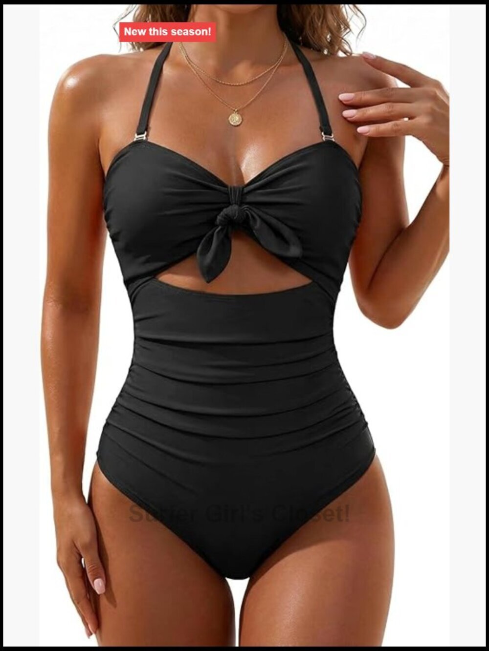 Sexy Cutout One Piece Swimsuit Tummy Control High Waisted Halter Front Tie Knot